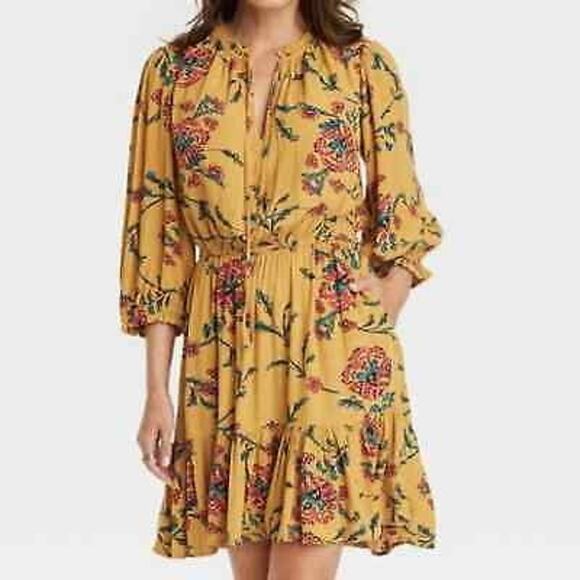 Target Knox Rose Floral Print Keyhole Folkloric Mini Dress Medium Women’s Gold - Picture 1 of 7